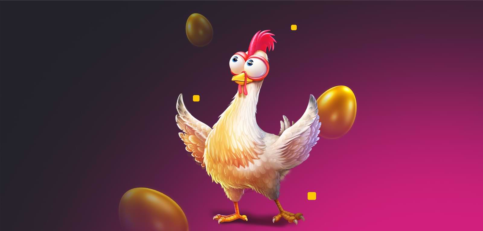 Vibrant cartoon chicken character with golden eggs, featured image for the best chicken themed casino games article